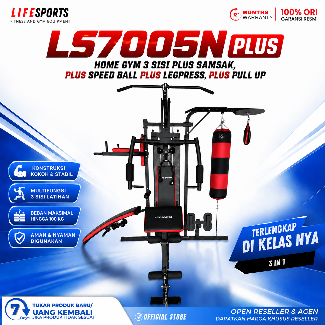 NQG – New Alat Olahraga Fitness Multi Machine Homegym 3 Sisi LS7005N Plus Legpress Sandsack Boxing Ball