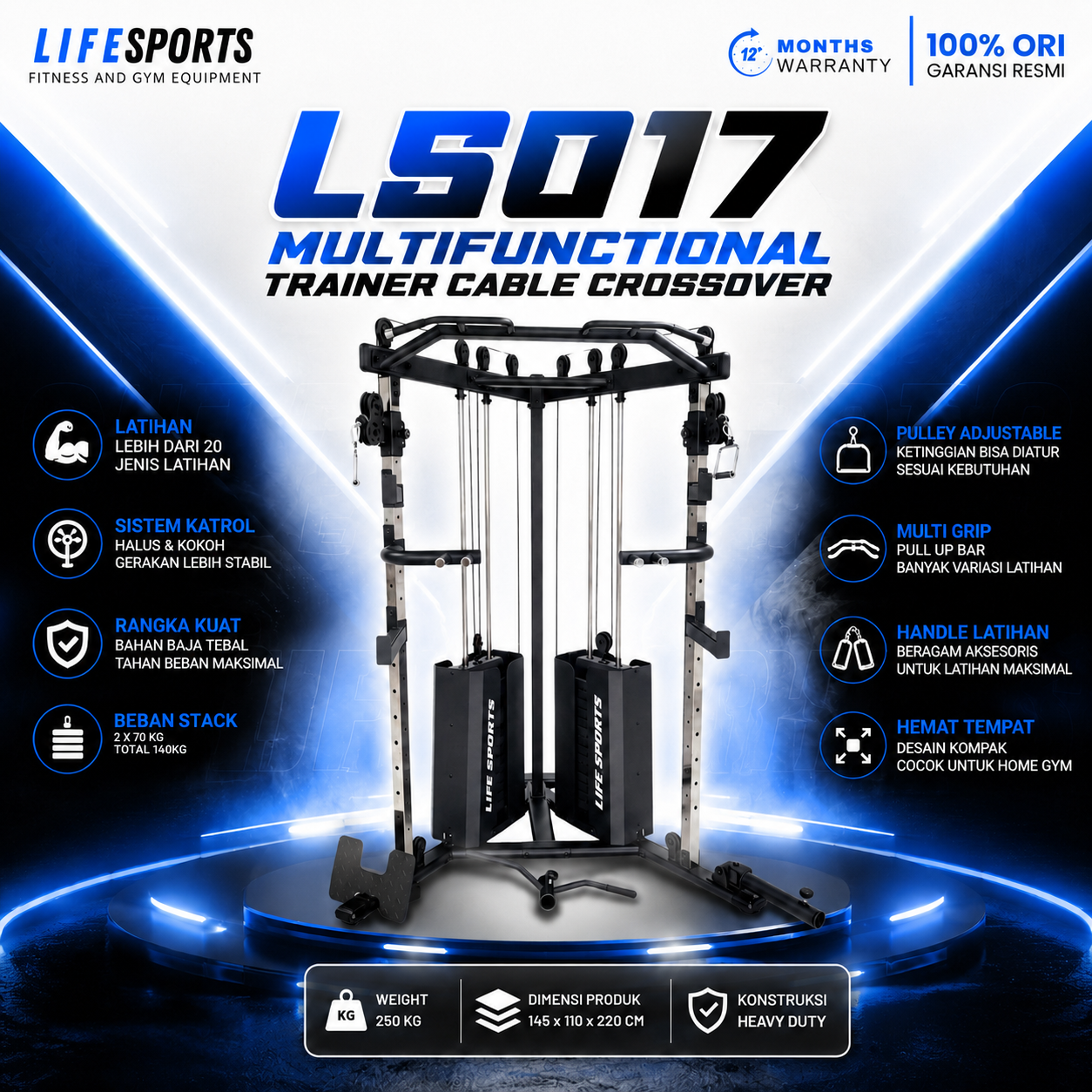 NQG – New Alat Olahraga Fitness Gym Multi Functional Trainer Dual Cable Crossover Rack LS017